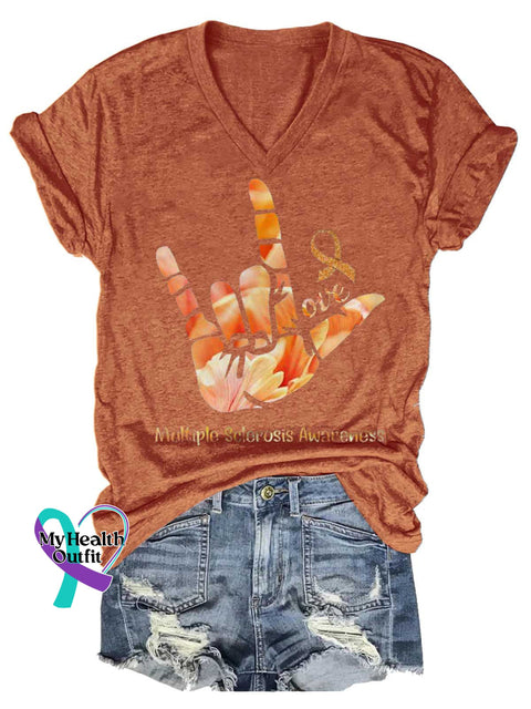 Women’s Ms Awareness Multiple Sclerosis Warrior Multiple Sclerosis Orange Ribbon V-neck Casual T-Shirt Orange / S