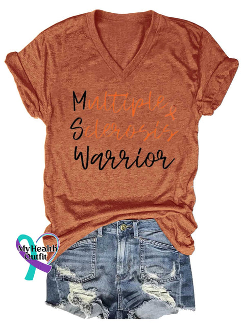 Women’s Ms Awareness Multiple Sclerosis Warrior Multiple Sclerosis Orange Ribbon V-neck Casual T-Shirt Orange / S