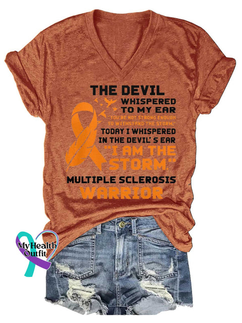 Women’s Ms Awareness Multiple Sclerosis Warrior Multiple Sclerosis Orange Ribbon V-neck Casual T-Shirt Orange / S