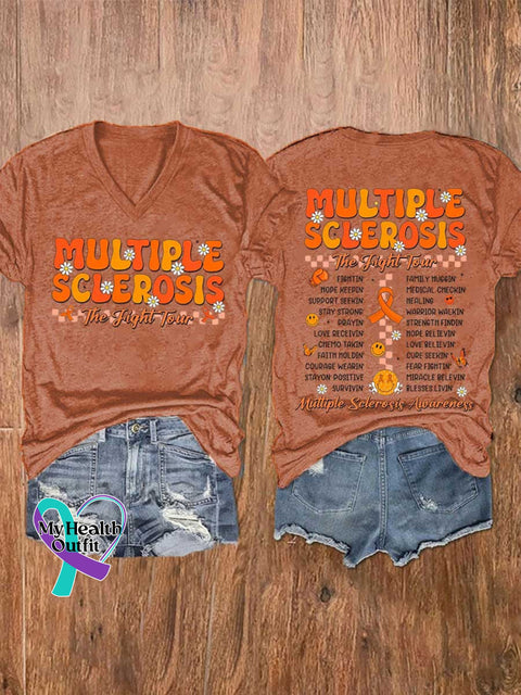 Women’s Ms Awareness Multiple Sclerosis Warrior Multiple Sclerosis Orange Ribbon V-neck Casual T-Shirt Orange / S