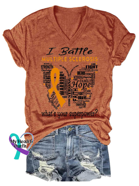 Women’s Ms Awareness Multiple Sclerosis Warrior Multiple Sclerosis Orange Ribbon V-neck Casual T-Shirt Orange / S