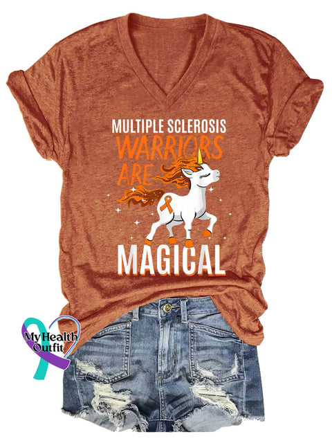 Women’s Ms Awareness Multiple Sclerosis Warrior Multiple Sclerosis Orange Ribbon V-neck Casual T-Shirt Orange / S