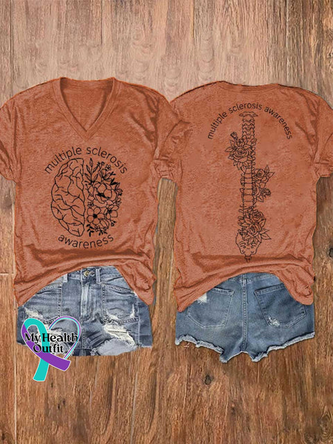 Women’s Ms Awareness Multiple Sclerosis Warrior Multiple Sclerosis Orange Ribbon V-neck Casual T-Shirt Orange / S