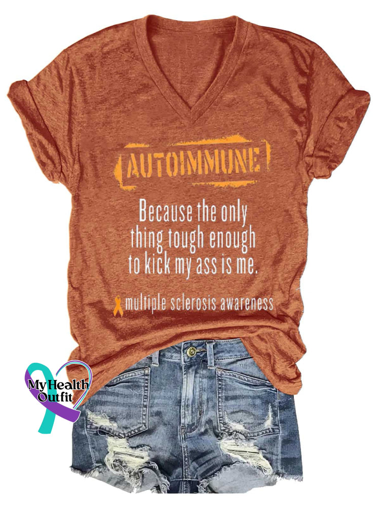 Women’s Ms Awareness Multiple Sclerosis Warrior Multiple Sclerosis Orange Ribbon V-neck Casual T-Shirt Orange / S