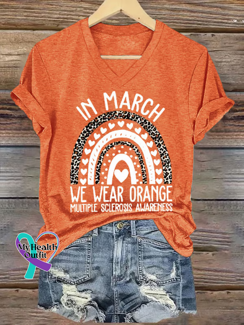 Women’s Ms Awareness Multiple Sclerosis Warrior Multiple Sclerosis Orange Ribbon V-neck Casual T-Shirt Orange / S
