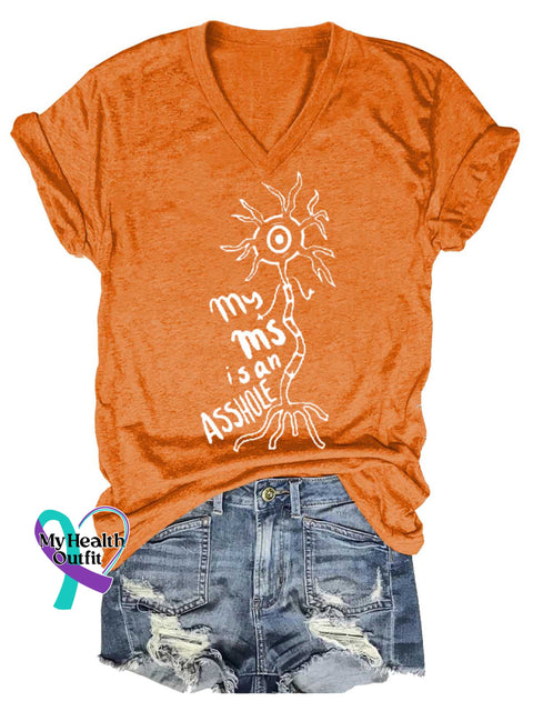 Women’s Ms Awareness Multiple Sclerosis Warrior Multiple Sclerosis Orange Ribbon V-neck Casual T-Shirt Orange / S