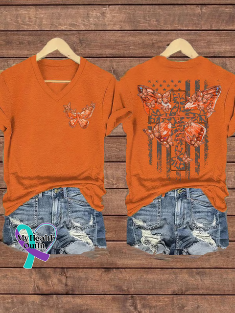 Women’s Ms Awareness Multiple Sclerosis Warrior Multiple Sclerosis Orange Ribbon V-neck Casual T-Shirt Orange / S