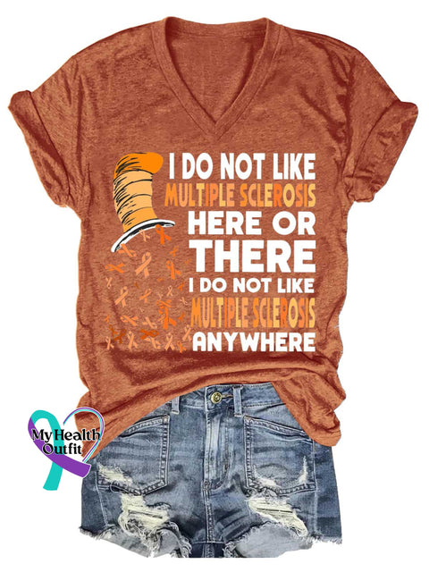 Women’s Ms Awareness Multiple Sclerosis Warrior Multiple Sclerosis Orange Ribbon V-neck Casual T-Shirt Orange / S