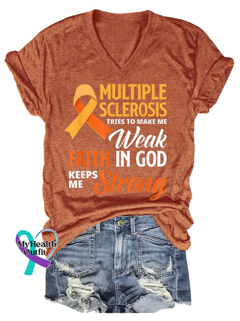 Women’s Ms Awareness Multiple Sclerosis Warrior Multiple Sclerosis Orange Ribbon V-neck Casual T-Shirt Orange / S