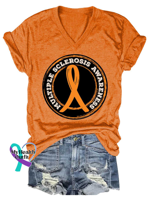 Women’s Ms Awareness Multiple Sclerosis Warrior Multiple Sclerosis Orange Ribbon V-neck Casual T-Shirt Orange / S