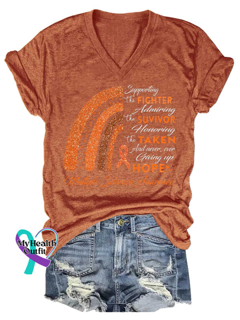 Women’s Ms Awareness Multiple Sclerosis Warrior Multiple Sclerosis Orange Ribbon V-neck Casual T-Shirt Orange / S