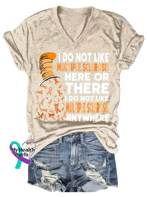 Women’s Ms Awareness Multiple Sclerosis Warrior Multiple Sclerosis Orange Ribbon V-neck Casual T-Shirt Sand / S