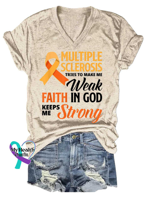 Women’s Ms Awareness Multiple Sclerosis Warrior Multiple Sclerosis Orange Ribbon V-neck Casual T-Shirt Sand / S