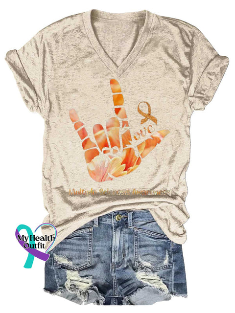 Women’s Ms Awareness Multiple Sclerosis Warrior Multiple Sclerosis Orange Ribbon V-neck Casual T-Shirt Sand / S