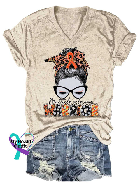 Women’s Ms Awareness Multiple Sclerosis Warrior Multiple Sclerosis Orange Ribbon V-neck Casual T-Shirt Sand / S