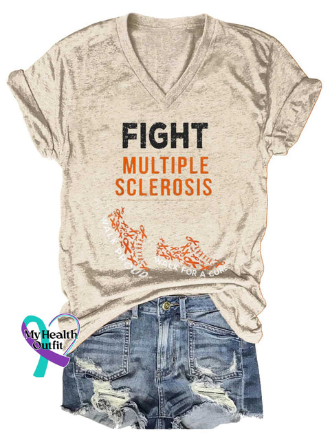Women’s Ms Awareness Multiple Sclerosis Warrior Multiple Sclerosis Orange Ribbon V-neck Casual T-Shirt Sand / S