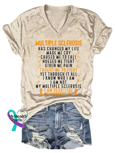 Women’s Ms Awareness Multiple Sclerosis Warrior Multiple Sclerosis Orange Ribbon V-neck Casual T-Shirt Sand / S