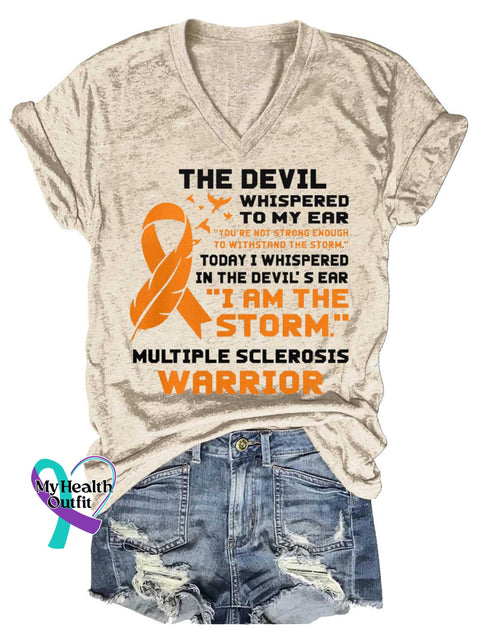 Women’s Ms Awareness Multiple Sclerosis Warrior Multiple Sclerosis Orange Ribbon V-neck Casual T-Shirt Sand / S
