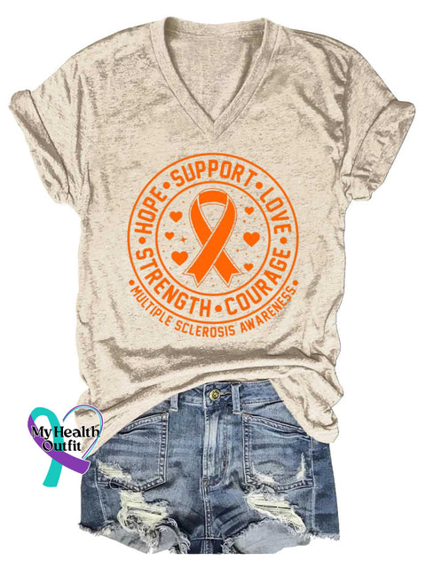 Women’s Ms Awareness Multiple Sclerosis Warrior Multiple Sclerosis Orange Ribbon V-neck Casual T-Shirt Sand / S