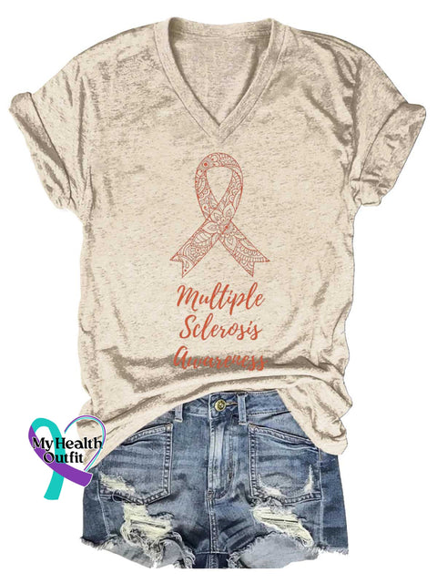 Women’s Ms Awareness Multiple Sclerosis Warrior Multiple Sclerosis Orange Ribbon V-neck Casual T-Shirt Sand / S