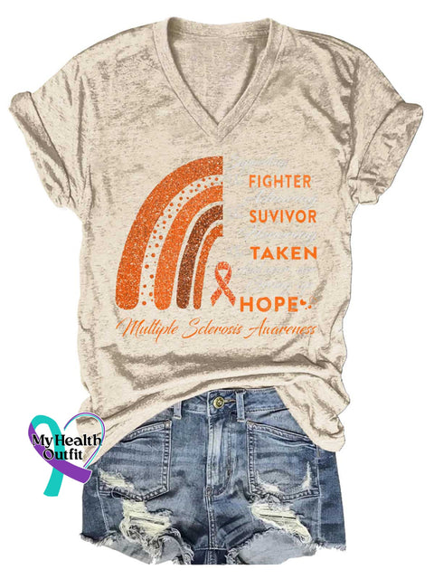 Women’s Ms Awareness Multiple Sclerosis Warrior Multiple Sclerosis Orange Ribbon V-neck Casual T-Shirt Sand / S