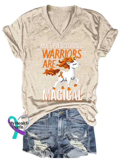 Women’s Ms Awareness Multiple Sclerosis Warrior Multiple Sclerosis Orange Ribbon V-neck Casual T-Shirt Sand / S