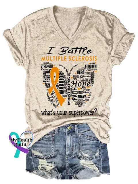 Women’s Ms Awareness Multiple Sclerosis Warrior Multiple Sclerosis Orange Ribbon V-neck Casual T-Shirt Sand / S