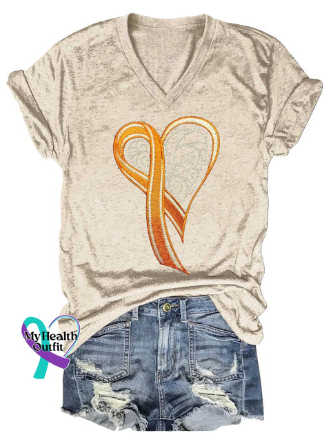 Women’s Ms Awareness Multiple Sclerosis Warrior Multiple Sclerosis Orange Ribbon V-neck Casual T-Shirt Sand / S