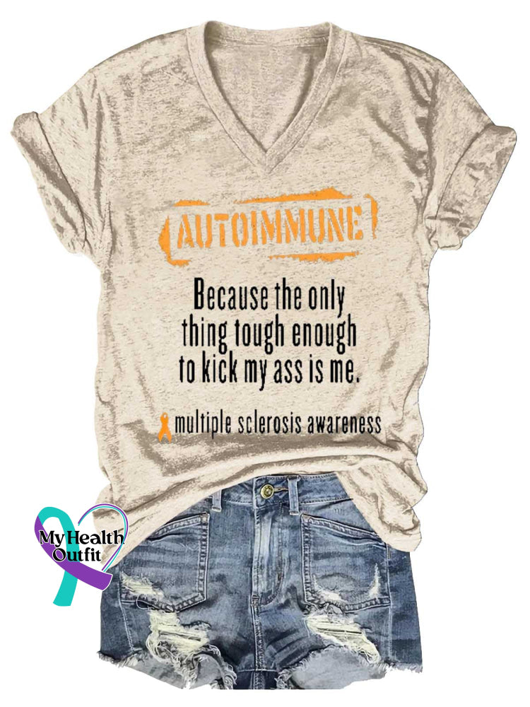 Women’s Ms Awareness Multiple Sclerosis Warrior Multiple Sclerosis Orange Ribbon V-neck Casual T-Shirt Sand / S