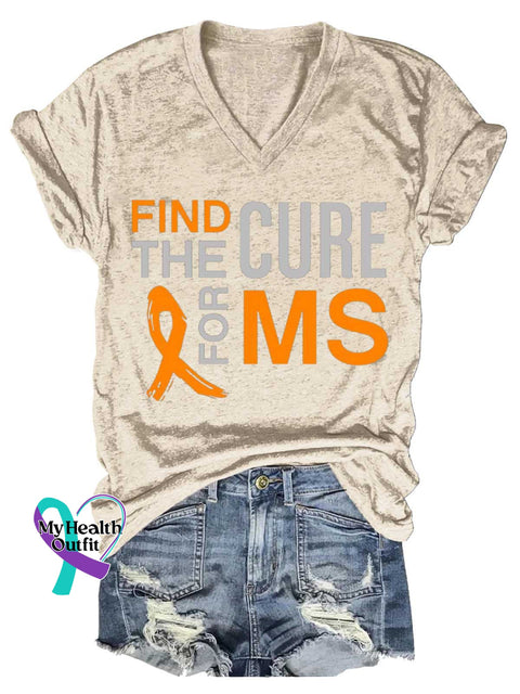 Women’s Ms Awareness Multiple Sclerosis Warrior Multiple Sclerosis Orange Ribbon V-neck Casual T-Shirt Sand / S