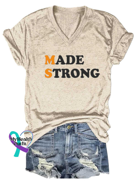 Women’s Ms Awareness Multiple Sclerosis Warrior Multiple Sclerosis Orange Ribbon V-neck Casual T-Shirt Sand / S