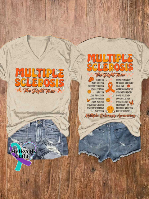 Women’s Ms Awareness Multiple Sclerosis Warrior Multiple Sclerosis Orange Ribbon V-neck Casual T-Shirt Sand / S