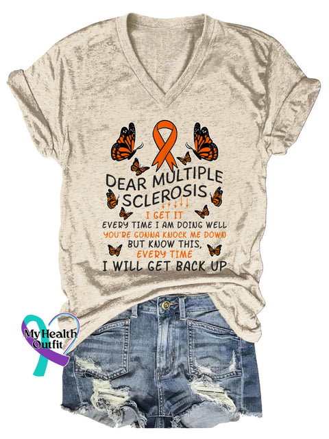 Women’s Ms Awareness Multiple Sclerosis Warrior Multiple Sclerosis Orange Ribbon V-neck Casual T-Shirt Sand / S