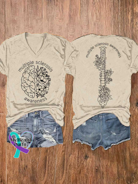 Women’s Ms Awareness Multiple Sclerosis Warrior Multiple Sclerosis Orange Ribbon V-neck Casual T-Shirt Sand / S