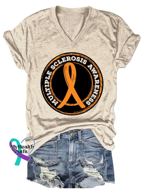 Women’s Ms Awareness Multiple Sclerosis Warrior Multiple Sclerosis Orange Ribbon V-neck Casual T-Shirt Sand / S