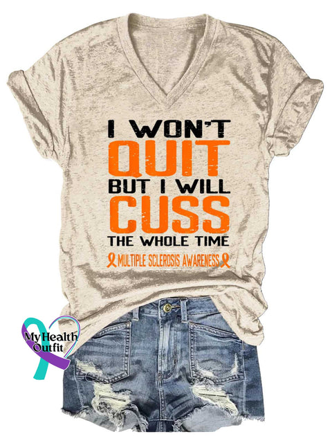 Women’s Ms Awareness Multiple Sclerosis Warrior Multiple Sclerosis Orange Ribbon V-neck Casual T-Shirt Sand / S