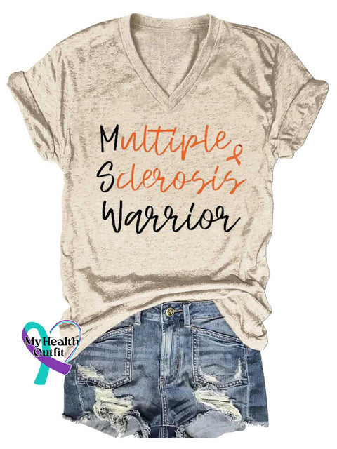 Women’s Ms Awareness Multiple Sclerosis Warrior Multiple Sclerosis Orange Ribbon V-neck Casual T-Shirt Sand / S