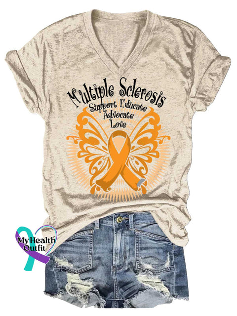 Women’s Ms Awareness Multiple Sclerosis Warrior Multiple Sclerosis Orange Ribbon V-neck Casual T-Shirt Sand / S