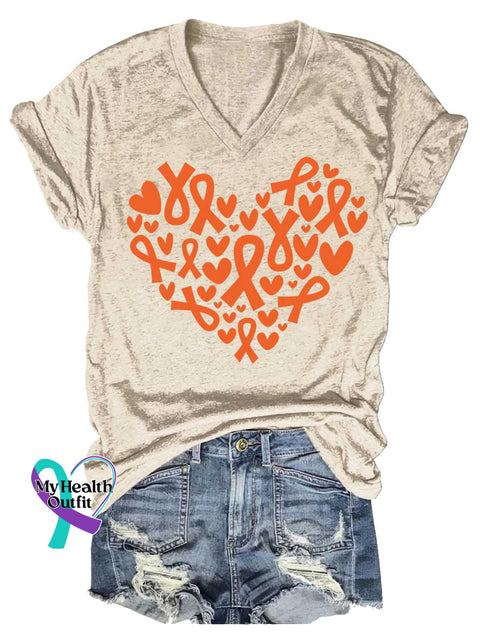 Women’s Ms Awareness Multiple Sclerosis Warrior Multiple Sclerosis Orange Ribbon V-neck Casual T-Shirt Sand / S