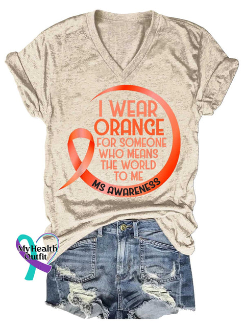 Women’s Ms Awareness Multiple Sclerosis Warrior Multiple Sclerosis Orange Ribbon V-neck Casual T-Shirt Sand / S