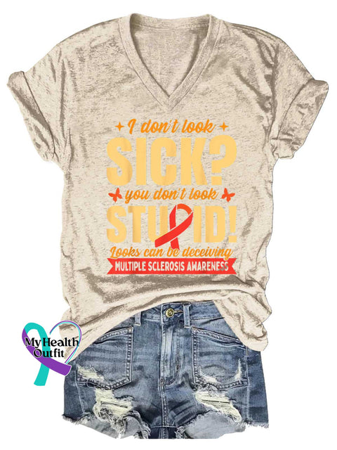 Women’s Ms Awareness Multiple Sclerosis Warrior Multiple Sclerosis Orange Ribbon V-neck Casual T-Shirt Sand / S