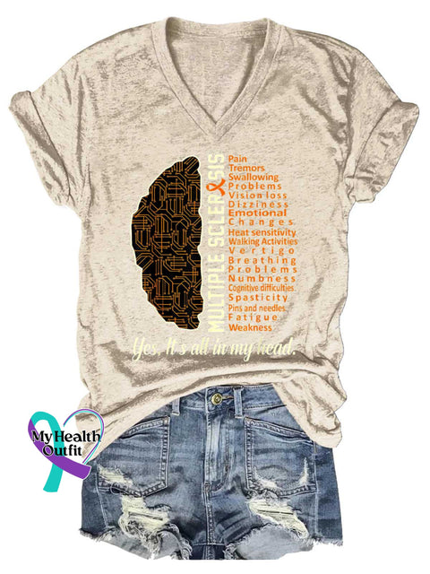 Women’s Ms Awareness Multiple Sclerosis Warrior Multiple Sclerosis Orange Ribbon V-neck Casual T-Shirt Sand / S