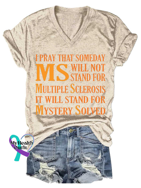 Women’s Ms Awareness Multiple Sclerosis Warrior Multiple Sclerosis Orange Ribbon V-neck Casual T-Shirt Sand / S
