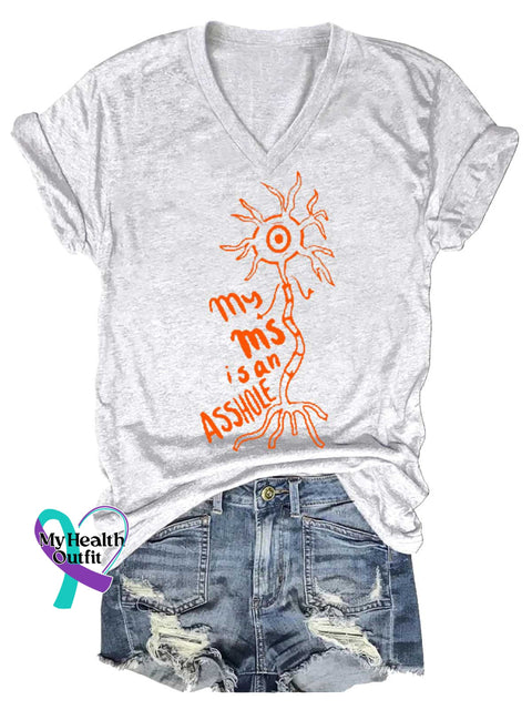 Women’s Ms Awareness Multiple Sclerosis Warrior Multiple Sclerosis Orange Ribbon V-neck Casual T-Shirt White / S