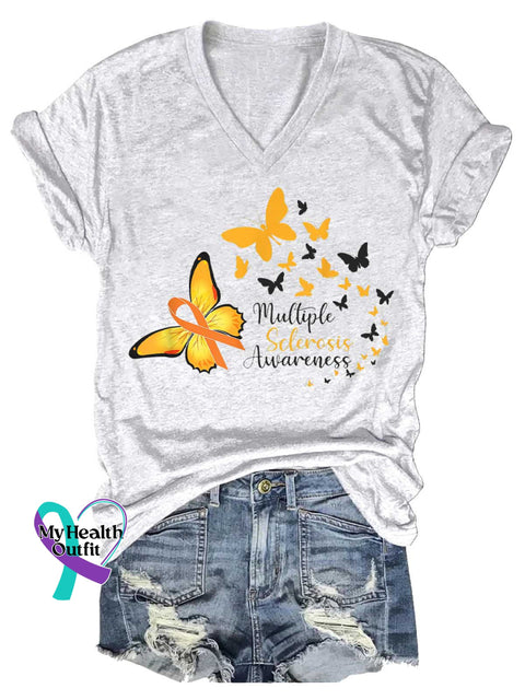 Women’s Ms Awareness Multiple Sclerosis Warrior Multiple Sclerosis Orange Ribbon V-neck Casual T-Shirt White / S