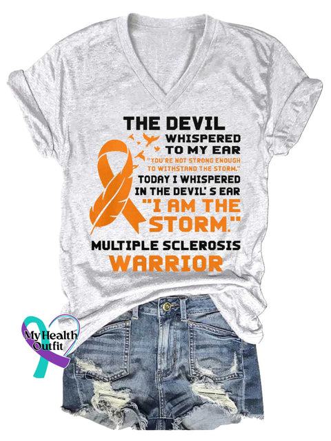 Women’s Ms Awareness Multiple Sclerosis Warrior Multiple Sclerosis Orange Ribbon V-neck Casual T-Shirt White / S