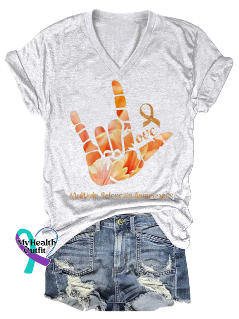 Women’s Ms Awareness Multiple Sclerosis Warrior Multiple Sclerosis Orange Ribbon V-neck Casual T-Shirt White / S