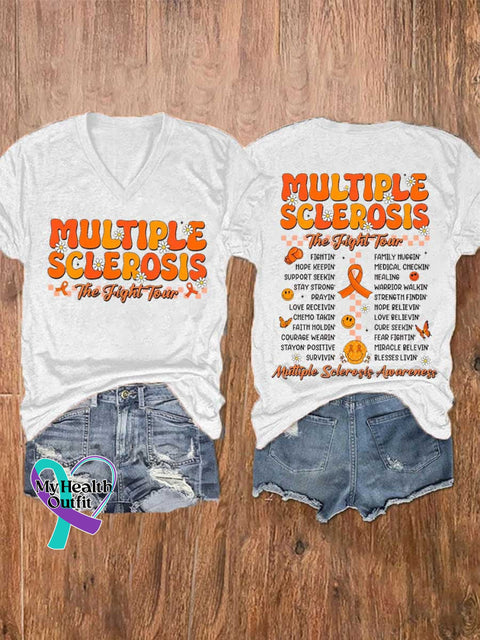Women’s Ms Awareness Multiple Sclerosis Warrior Multiple Sclerosis Orange Ribbon V-neck Casual T-Shirt White / S
