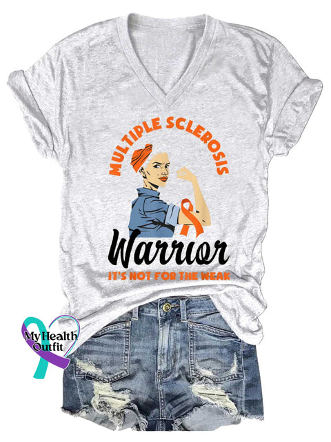 Women’s Ms Awareness Multiple Sclerosis Warrior Multiple Sclerosis Orange Ribbon V-neck Casual T-Shirt White / S