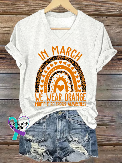 Women’s Ms Awareness Multiple Sclerosis Warrior Multiple Sclerosis Orange Ribbon V-neck Casual T-Shirt White / S